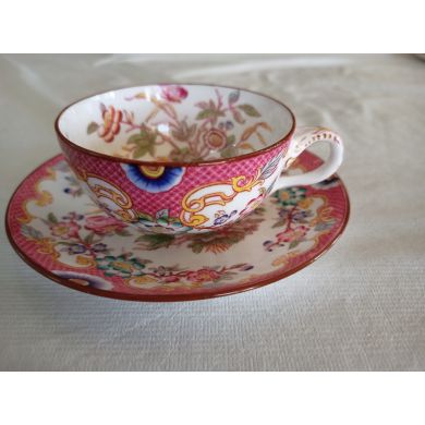 Tasse avec soucoupe en porcelaine de Sarreguemines minton décor 216 fêle